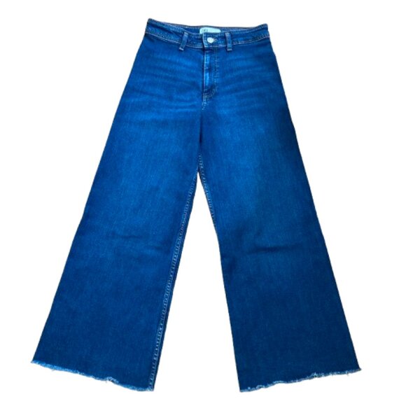 Zara Cropped Jeans sz 6 Wide Legs High Rise Cutoff Raw Hem Dark Wash Stretch EUC - Picture 1 of 9